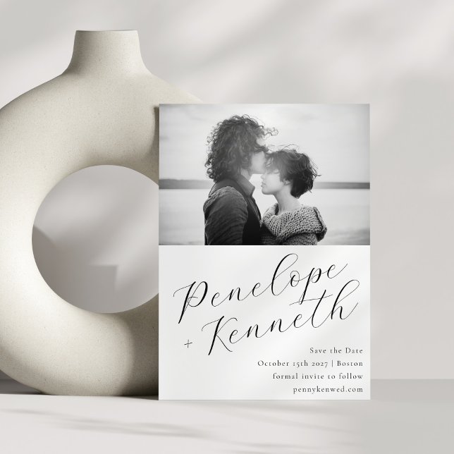 Reserva La Fecha Elegante guión caligrafía foto Boda blanco (Subido por el creador)