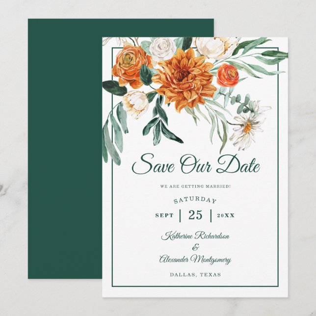 Reserva La Fecha Elegante guión de Boda floral verde esmeralda otoñ (Anverso / Reverso)