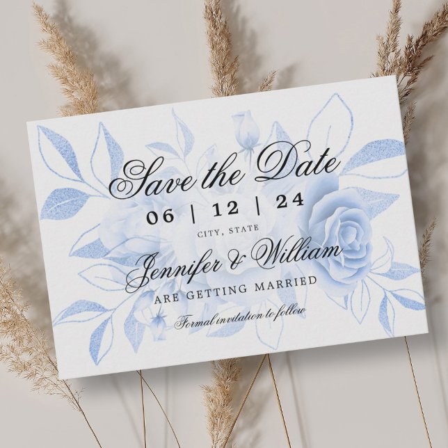 Reserva La Fecha Elegante guión de Boda romántico floral (Elegant Script Romantic Wedding Navy Floral Save The Date)