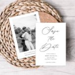 Reserva La Fecha Elegante guión Foto en parte posterior, Boda Peque<br><div class="desc">Esta tarjeta de anuncio de Save the Date cuenta con un encabezado de letra elegante y su texto personalizado, con una foto en la parte posterior. Utilice la plantilla para agregar su información. Los colores y el filtro de foto (blanco y negro o color) se pueden cambiar utilizando la Herramienta...</div>
