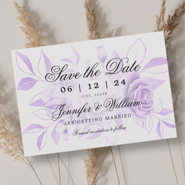 Reserva La Fecha Elegante guión romántico Boda morado floral (Elegant Script Romantic Wedding Purple Floral Save The Date)