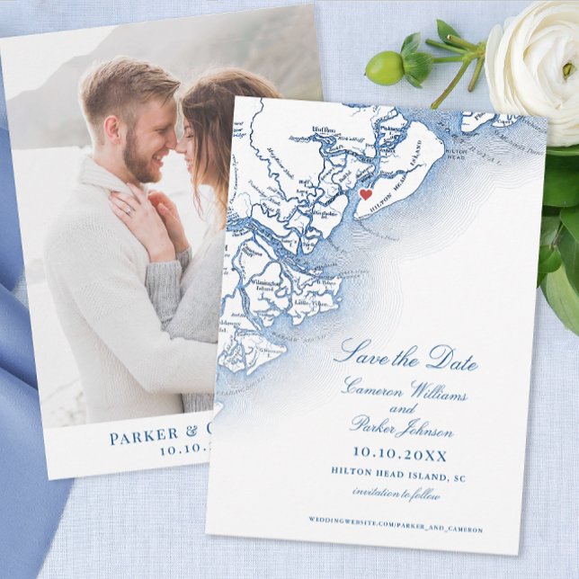 Reserva La Fecha Elegante Hilton Head SC Mapa Boda vertical (Hilton Head SC Wedding Save the Date in elegant navy blue from Coastal Map Designs)