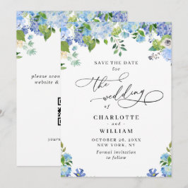 Reserva La Fecha Elegante Hortensia Azul Verde Wedding QR