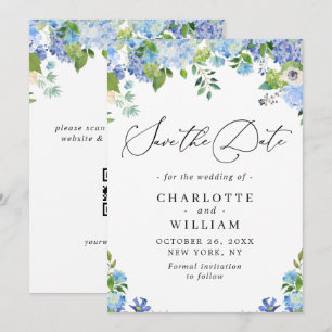 Reserva La Fecha Elegante Hydrangea Azul Verde Cuña de Boda QR