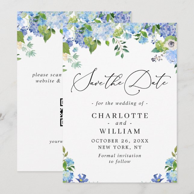 Reserva La Fecha Elegante Hydrangea Azul Verde Cuña de Boda QR (Anverso / Reverso)