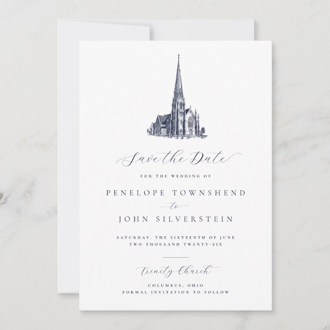 Reserva La Fecha Elegante Ilustracion de la Iglesia Boda formal (Anverso)