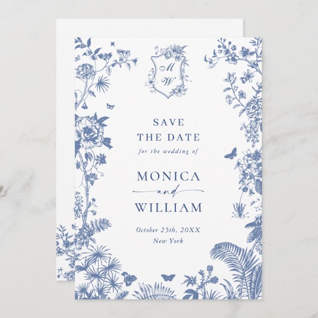 Reserva La Fecha Elegante jardín floral francés azul boda foto (Anverso / Reverso)