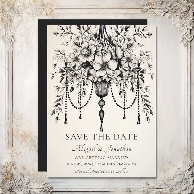 Reserva La Fecha Elegante lámpara de araña floral Boda blanco y neg (Elegant Floral Chandelier Black and White Wedding Save The Date)