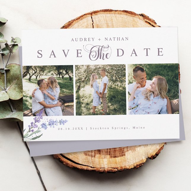 Reserva La Fecha Elegante Lavanda 3 Fotos (Elegant Lavender 3 Photo Save The Date Card)