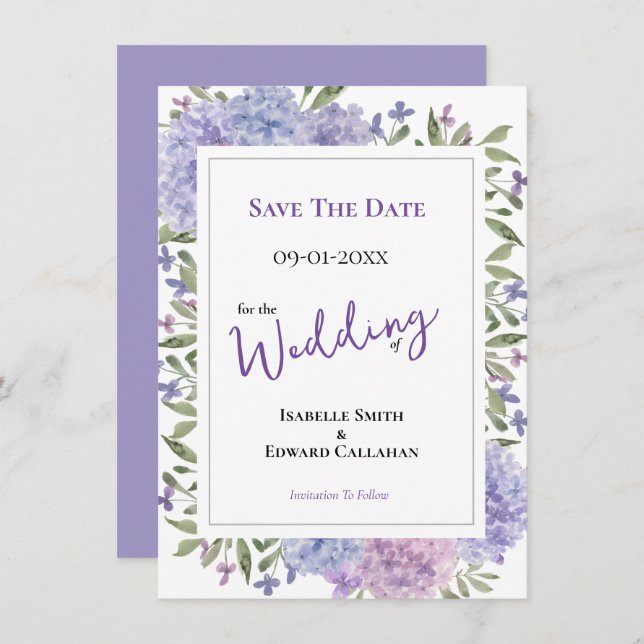 Reserva La Fecha Elegante Lilac y Dusty Blue Hydrangeas Boda (Anverso / Reverso)