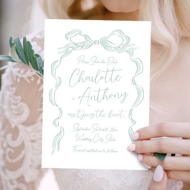 Reserva La Fecha Elegante mano verde claro trenzado de arco (Elegant Light Green Hand Drawn Bow Save The Date)