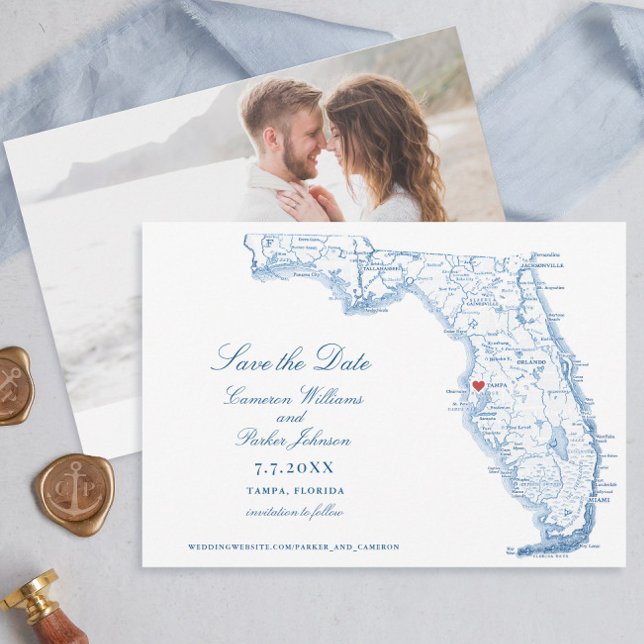 Reserva La Fecha Elegante mapa azul Boda Tampa Florida (Elegant Tampa Florida wedding save the dates with navy blue map from Coastal Map Designs)