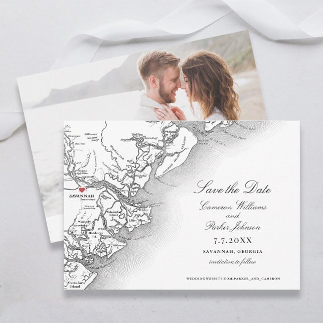 Reserva La Fecha Elegante mapa blanco negro de Savannah Georgia Bod (Elegant Savannah Georgia Map Save the Dates with classic black and white typography and photo )
