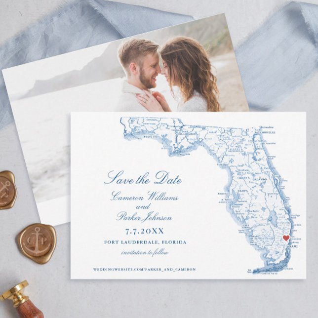 Reserva La Fecha Elegante mapa de la marina Boda de Fort Lauderdale (Elegant Fort Lauderdale Wedding Save the Date with navy blue map from Coastal Map Designs)
