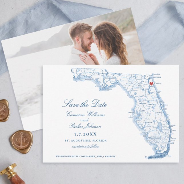 Reserva La Fecha Elegante mapa de la Marina Boda de St. Augustine F (Elegant St. Augustine Florida map wedding napkins in navy blue by Coastal Map Designs)