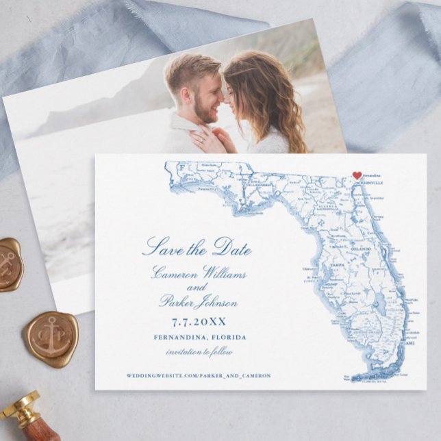 Reserva La Fecha Elegante mapa de la marina Boda Fernandina Florida (Elegant Fernandina Florida Save the date with navy blue map by Coastal Map Designs)