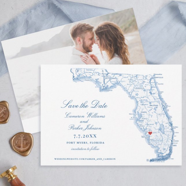 Reserva La Fecha Elegante mapa de la marina Boda Fort Myers Florida (Elegant Fort Myers Florida save the dates with navy blue map of Florida)