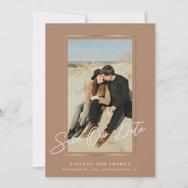 Reserva La Fecha Elegante Marco de Oro Rosa Polvorienta Foto Boda (Anverso)