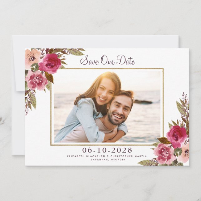 Reserva La Fecha Elegante marco dorado Boda floral de fotografía en (Anverso)