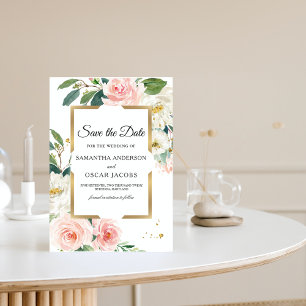 Reserva La Fecha Elegante Marco dorado rosado floral Rubor y gotas