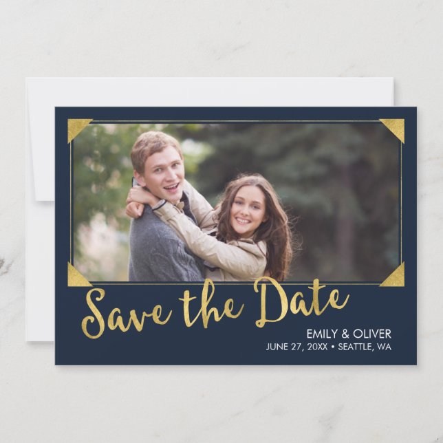 Reserva La Fecha Elegante marco Faux Gold Blue Photo Save the Date (Anverso)