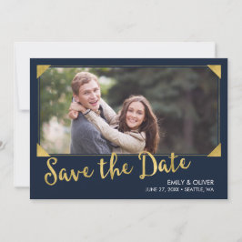 Reserva La Fecha Elegante marco Faux Gold Blue Photo Save the Date
