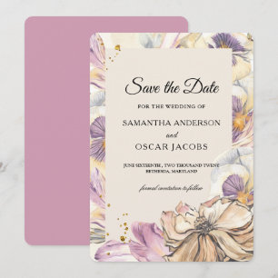 Reserva La Fecha Elegante marco floral de acuarela púrpura y pensam