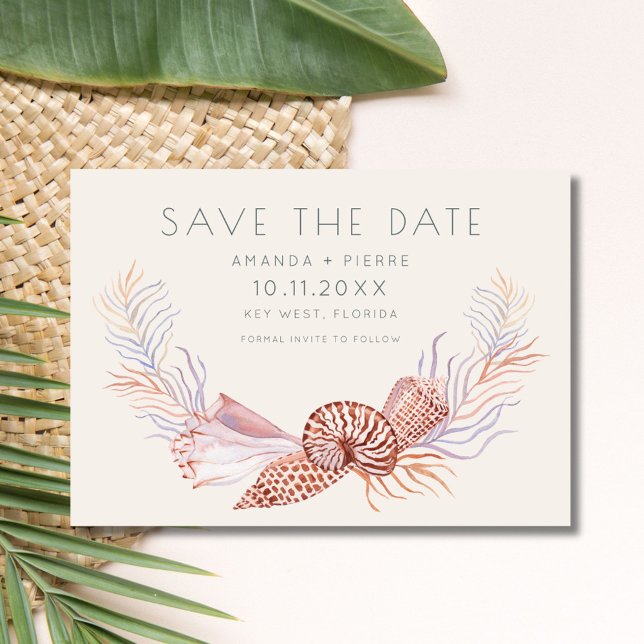 Reserva La Fecha Elegante maridaje de playa de fotos de conchas mar (Elegant Seashell Photo Beach Wedding Save the Date)