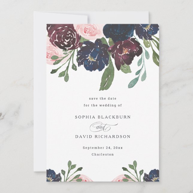 Reserva La Fecha Elegante Marina Floral Azul y Ciruela | BODA (Anverso)