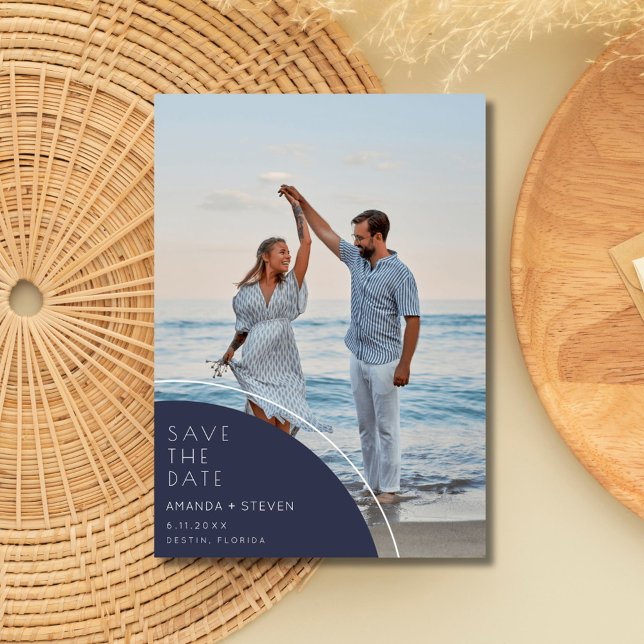Reserva La Fecha Elegante matrimonio de fotos azules de la marina s (Elegant Navy Blue Photo Wedding Save The Date)