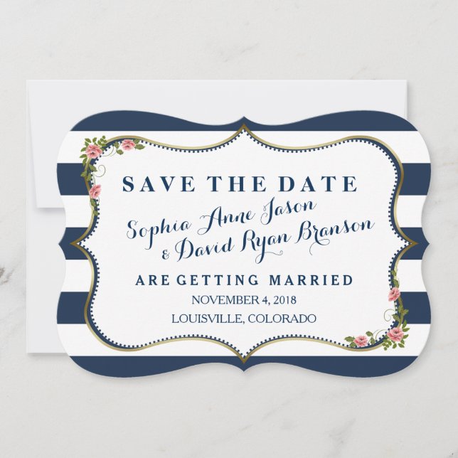 Reserva La Fecha Elegante matrimonio de franjas azules de la marina (Anverso)