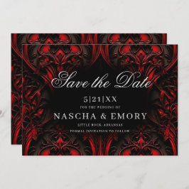 Reserva La Fecha Elegante matrimonio gótico-rojo y negro en damasco