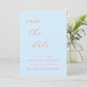 Reserva La Fecha Elegante Minimalista Boda Caligrafía Azul Naranja