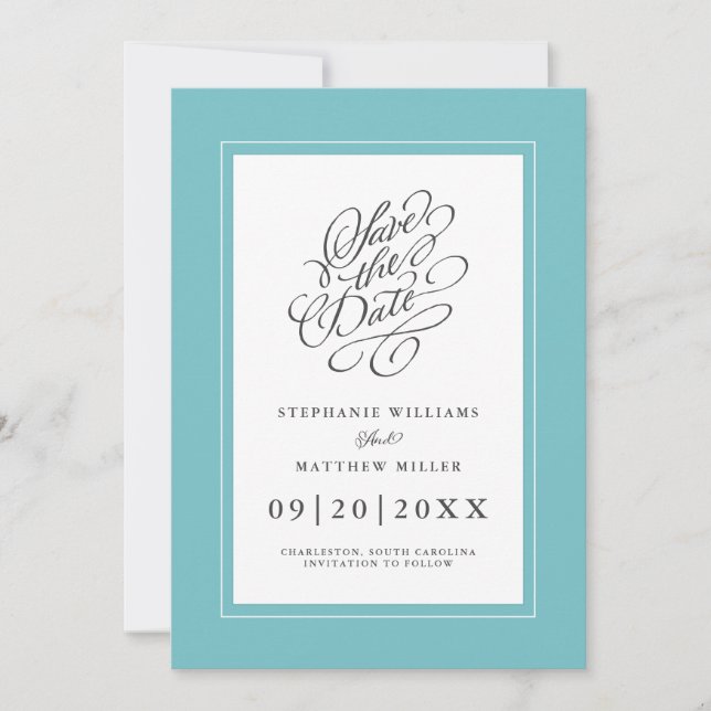 Reserva La Fecha Elegante Moda de Boda Caligrafía Aqua Verde Azul (Anverso)