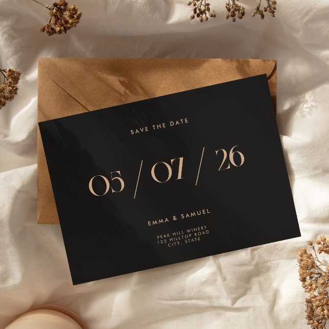 Reserva La Fecha Elegante Moda Negra y Tan Boda Salven la Fecha (Elegant Chic Black and Tan Wedding Save the Date)