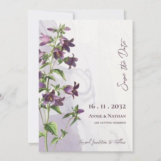 Reserva La Fecha Elegante Moda Purple Floral Script Boda (Anverso)