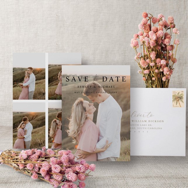 Reserva La Fecha Elegante Moderno 5 Foto Compromiso Simple De Guión (Easily personalize this wedding save the date with 5 photos and your deets!)