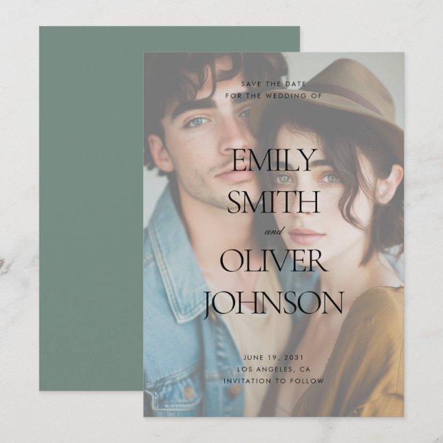 Reserva La Fecha Elegante Moderno Limpio Sage Foto Completa de Boda (Anverso / Reverso)