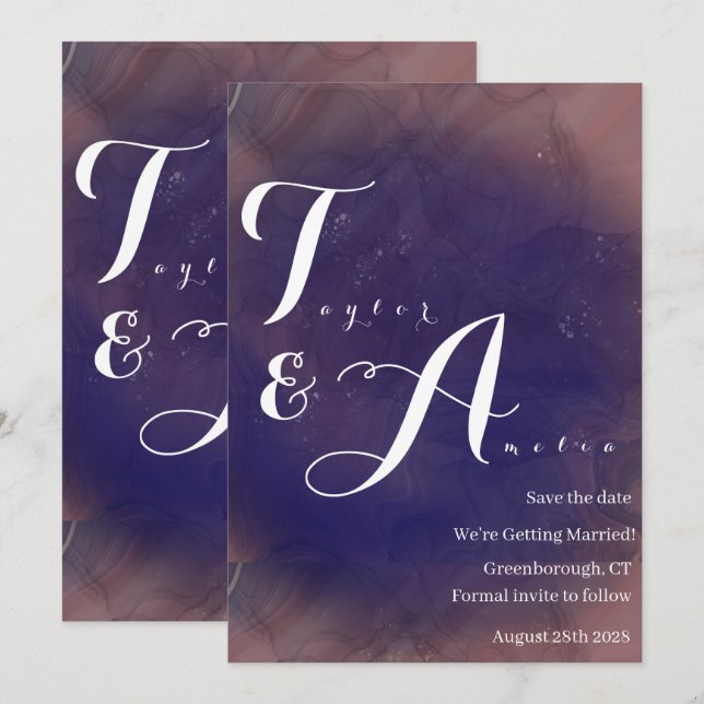 Reserva La Fecha Elegante Monograma Boda Púrpura (Anverso / Reverso)