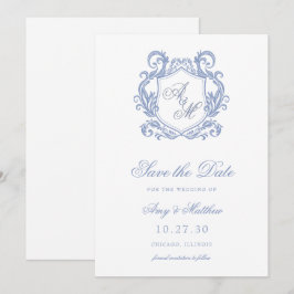 Reserva La Fecha Elegante Monograma Cresta Azul Polvoriento Boda