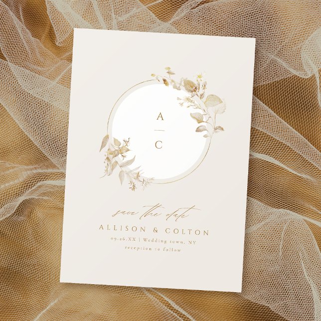Reserva La Fecha Elegante Monograma de flor botánico dorado (Elegant Gold Botanical Floral Wreath Monogram Save The Date)