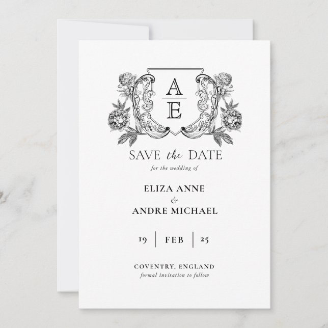 Reserva La Fecha Elegante Monograma de Hoja con Cresta en Blanco y  (Anverso)