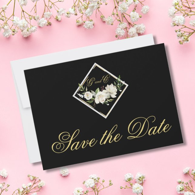 Reserva La Fecha Elegante Monograma Negro Oro Salvar la Fecha (ELEGANT BLACK MONOGRAM SAVE THE DATE WEDDING ANNOUNCEMENT)