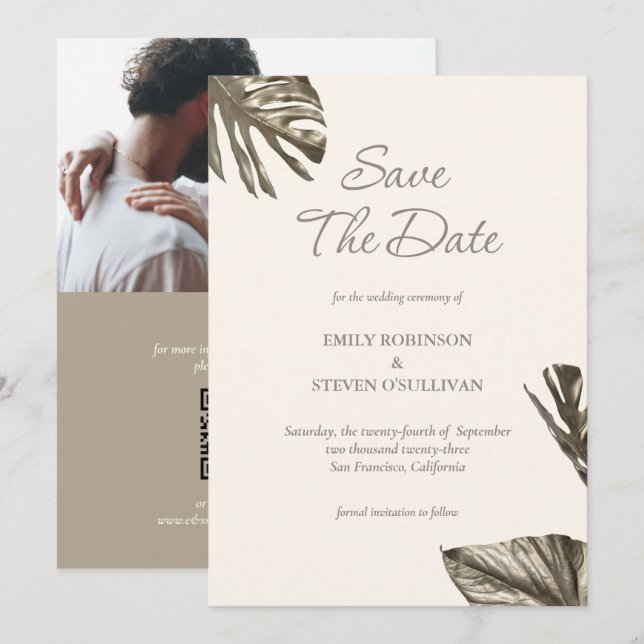Reserva La Fecha Elegante Monstera Gold Champagne Boda de fotografí (Anverso / Reverso)