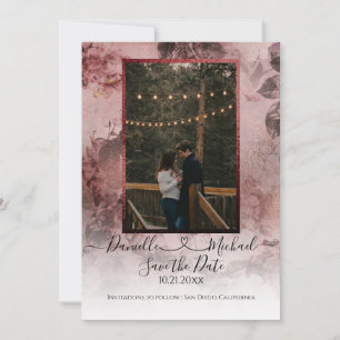 Reserva La Fecha Elegante Moody Burgundy Floral Script Heart Photo