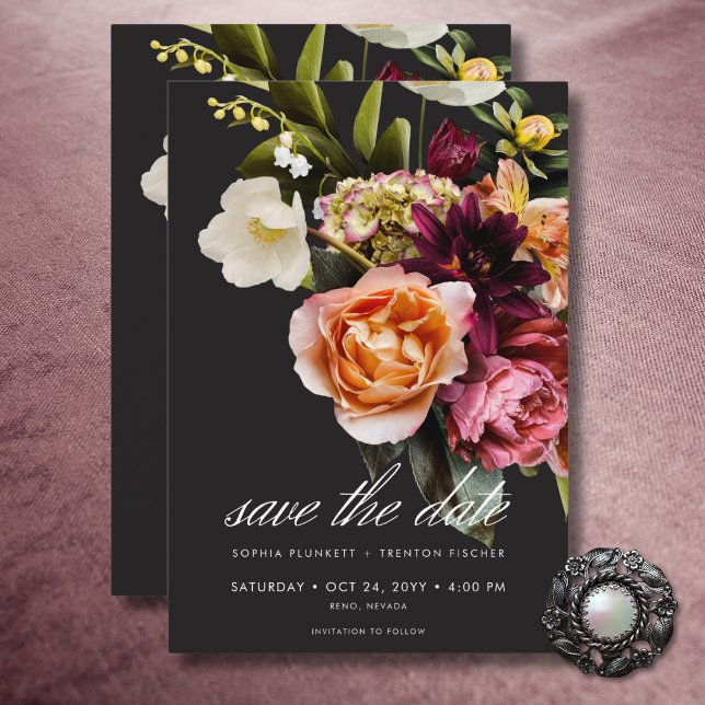 Reserva La Fecha Elegante Moody Burgundy y Boda Floral Rosa (Elegant Moody Burgundy & Pink Floral Wedding Save The Date)