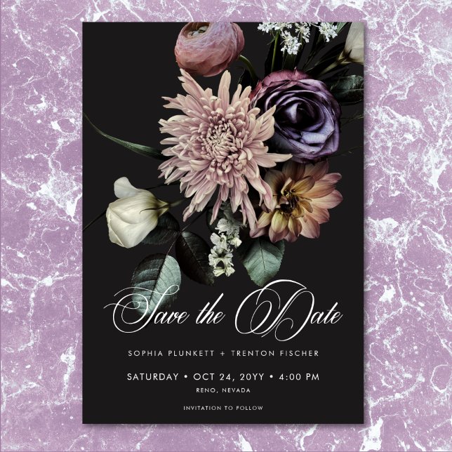 Reserva La Fecha Elegante Moody Twilight Boda floral silenciado (Elegant Moody Twilight Muted Floral Wedding Save The Date)