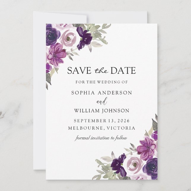 Reserva La Fecha Elegante Morado Flores Boda de Invierno (Anverso)