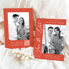 Reserva La Fecha Elegante Naranja de caligrafía Foto Boda de código