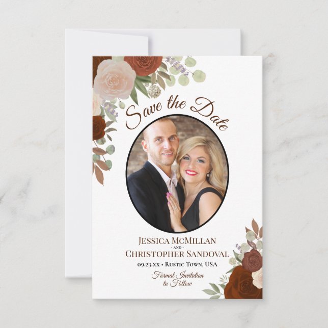 Reserva La Fecha Elegante Naranja de óxido Floral Boho Boda Foto (Anverso)